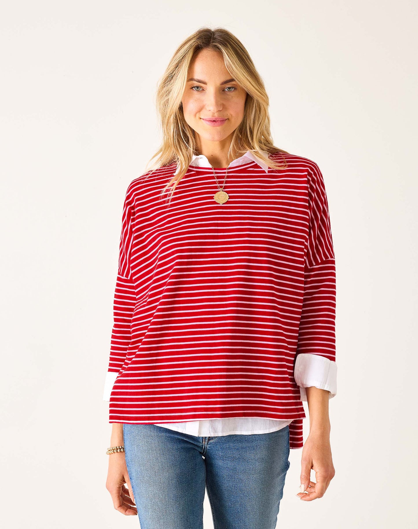Catalina Slub Tee in Red + Pink Stripe