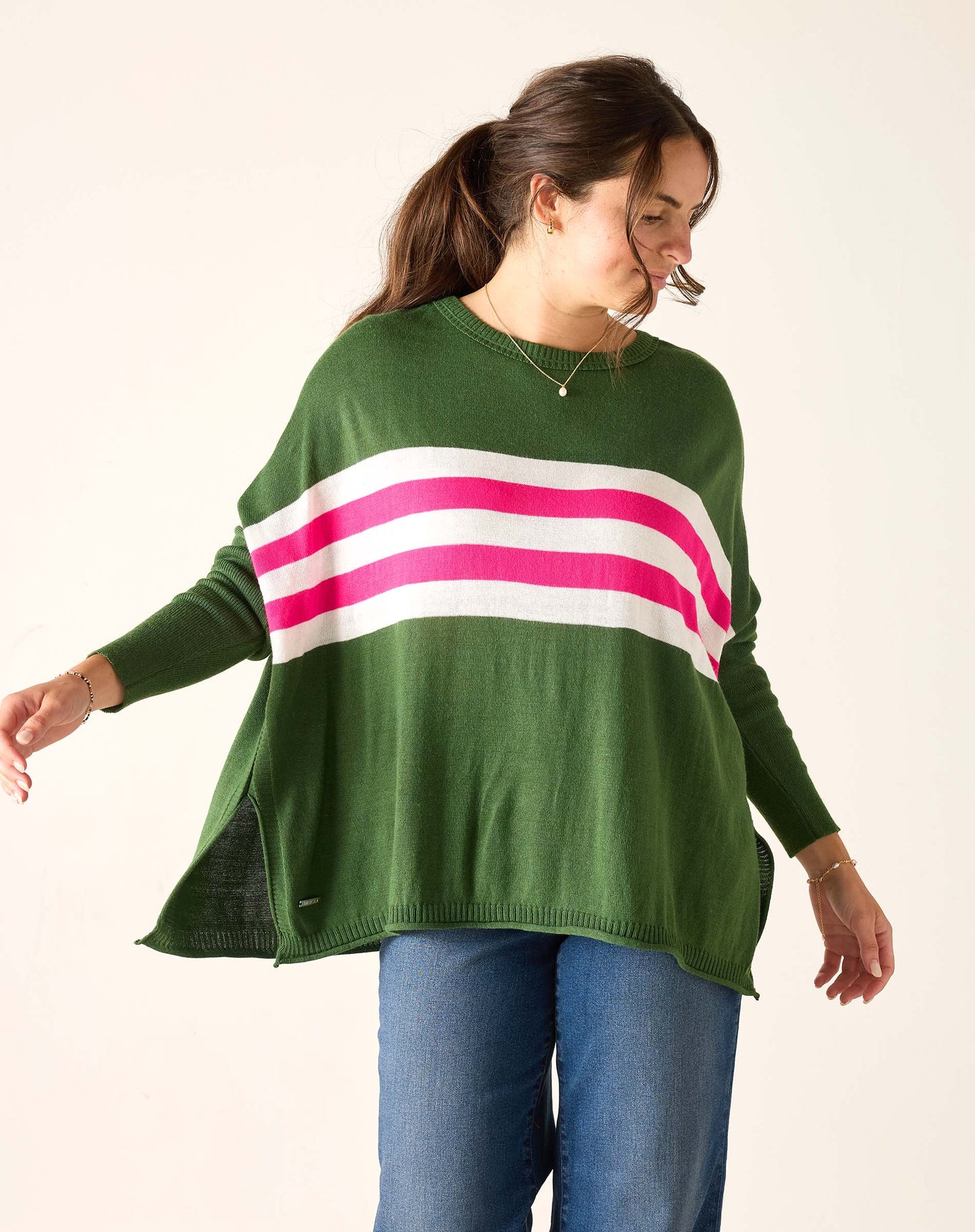 Catalina Crewneck Sweater in Green + Lipstick