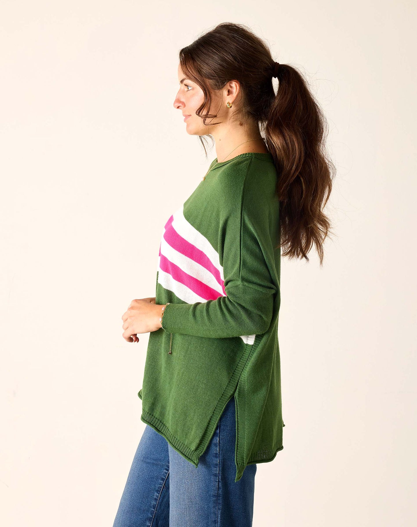 Catalina Crewneck Sweater in Green + Lipstick