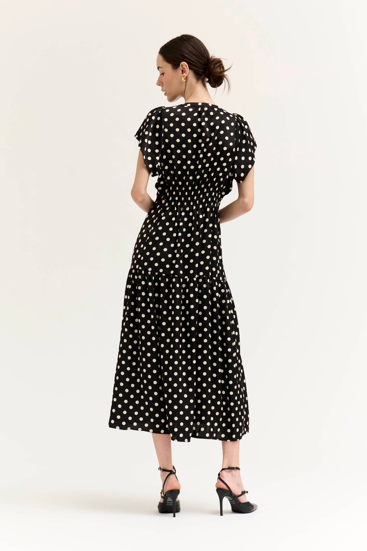 Polka Dot Ruffle Satin Midi Dress