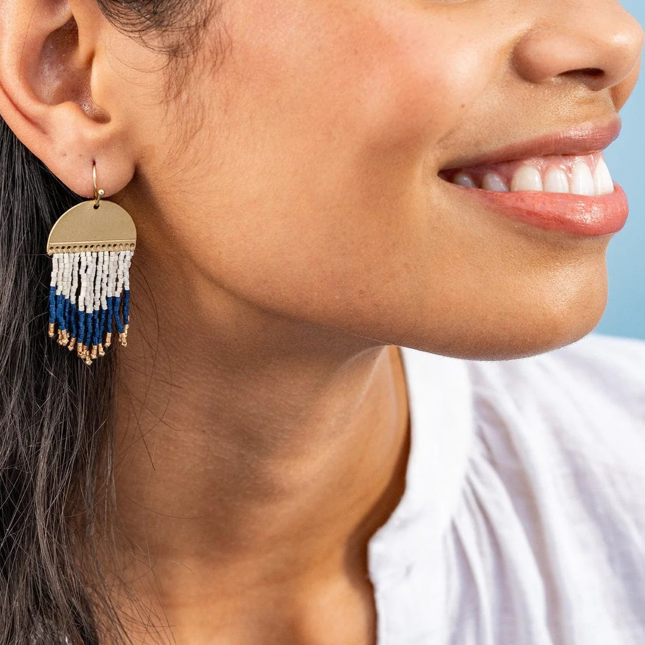 Claudia Curved Pattern Short Beaded Fringe Earrings Navy