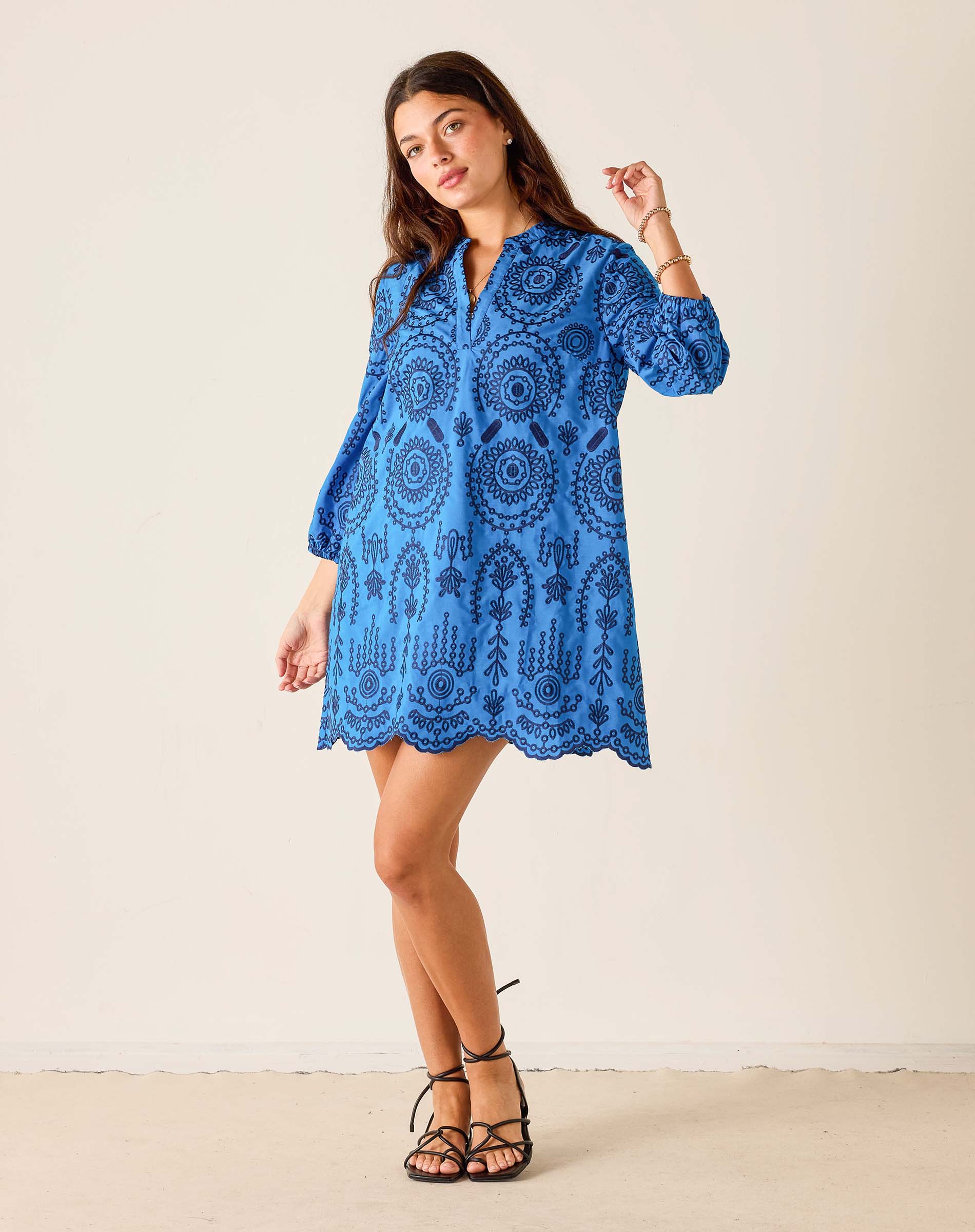 embroidered tunic dress Mersea Women's Edie Mini Cotton in Lagos Blue cross embroidery (machine embroidery) 6/8/25 -BS Daises Boho Wedding Dress/ Color:Picture Color-Burgundy