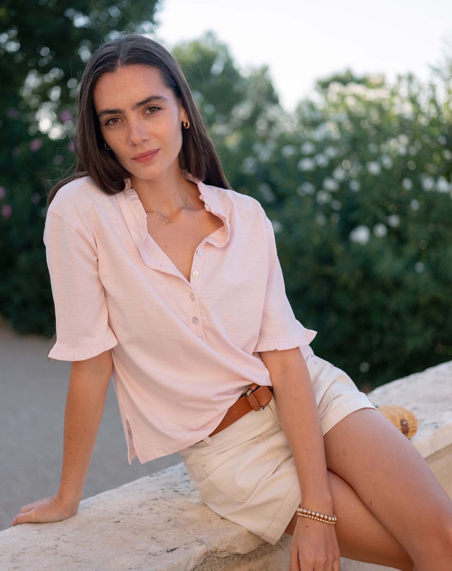 Joesphine Ruffle Henley Tee in Rose Quartz