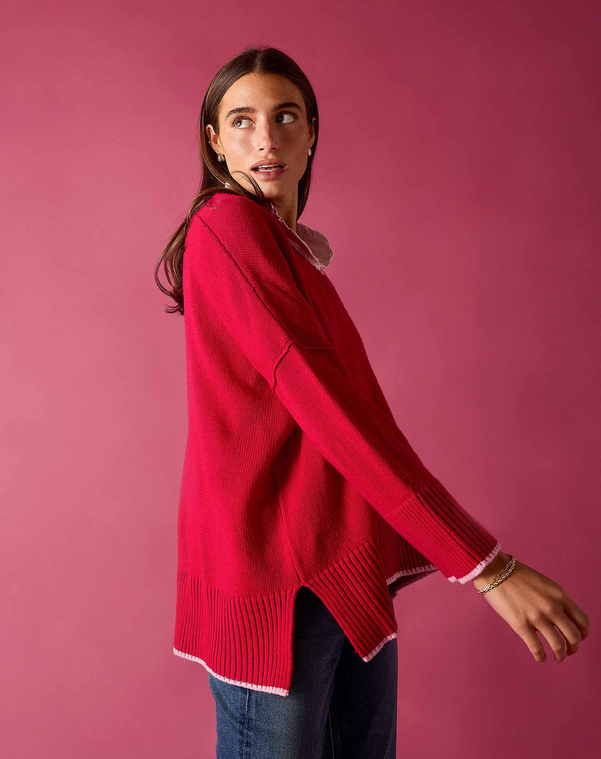Montauk V-Neck Sweater in Raspberry Pink