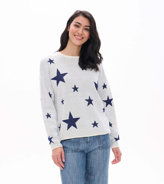 Rolled Edge Sweater in Navy Stars on Cream