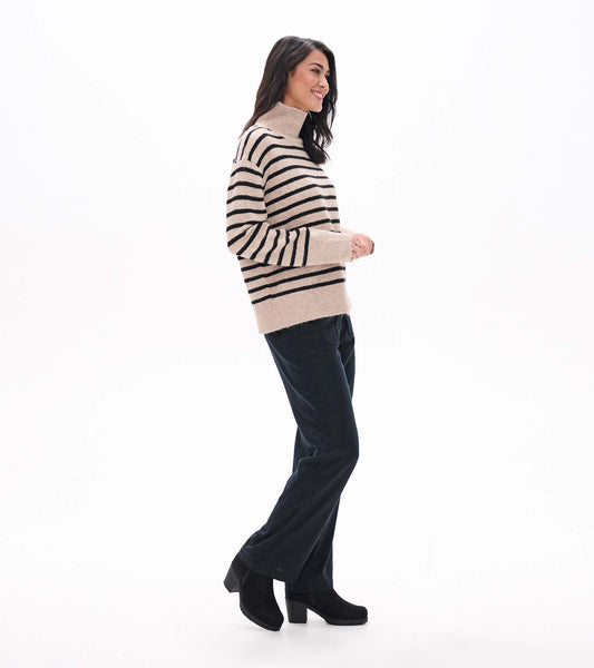 Cozy Mock Neck Sweater in Oatmeal & Black Stripes