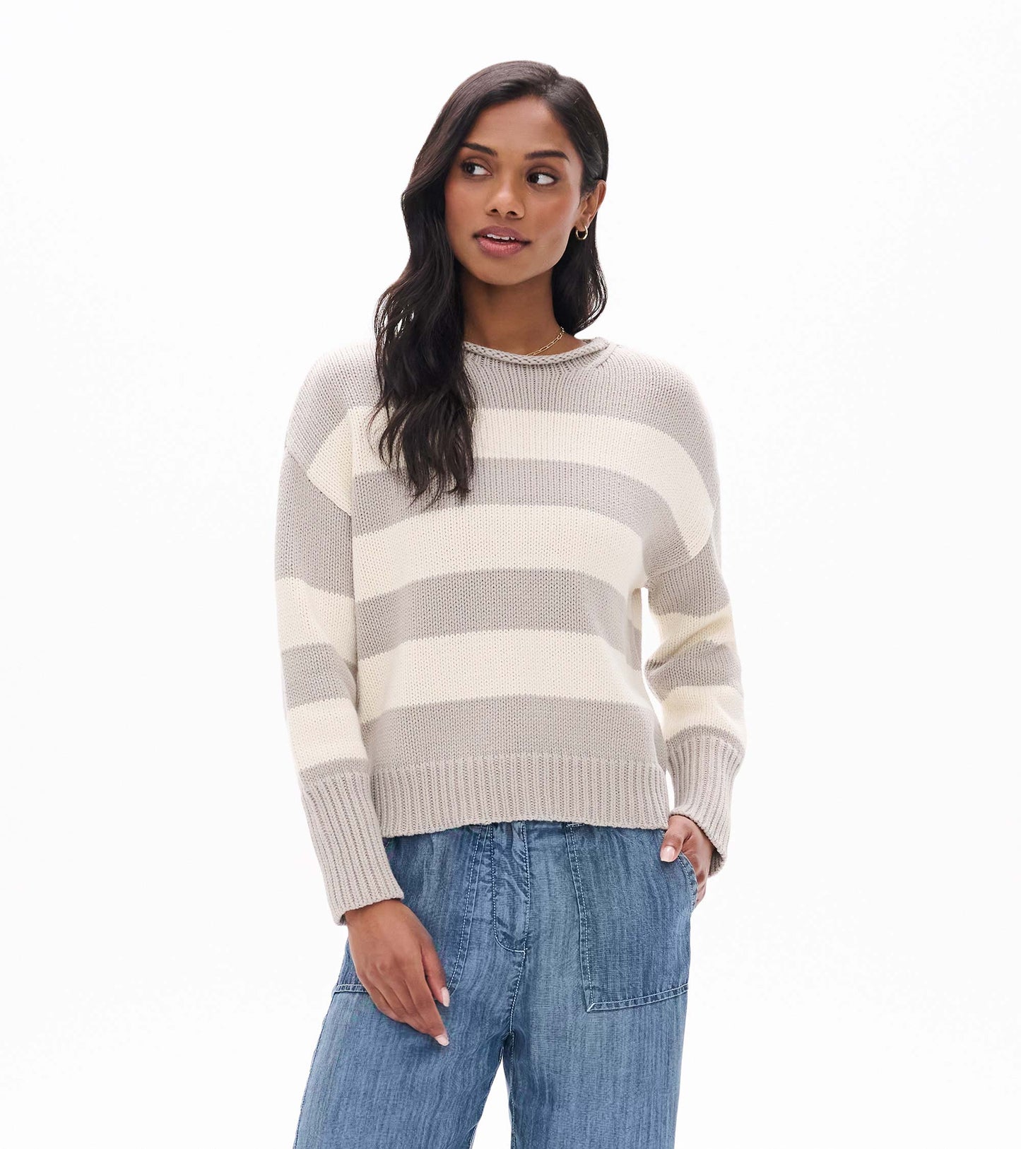 Rolled Collar Sweater in Stone Stripes