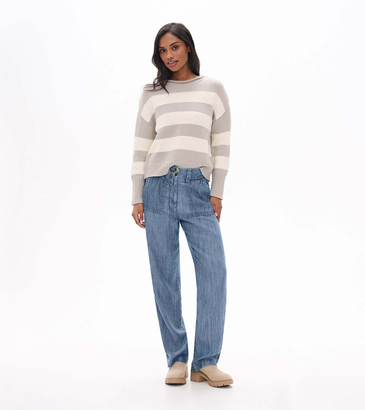 Rolled Collar Sweater in Stone Stripes