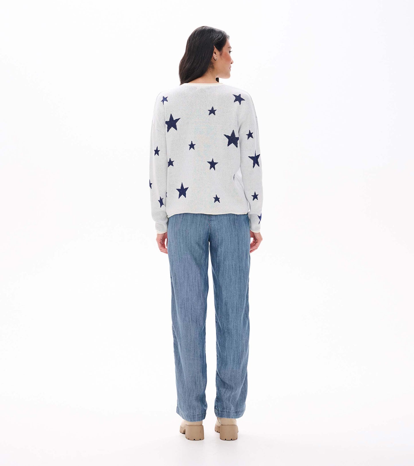 Rolled Edge Sweater in Navy Stars on Cream