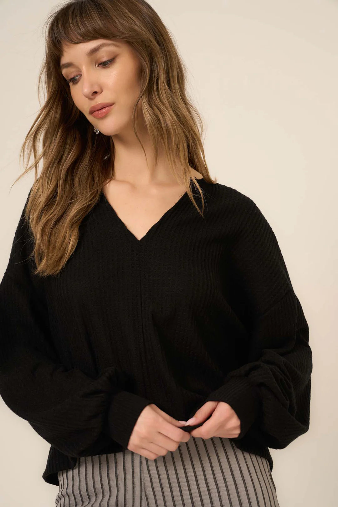 Vinessa Notch Neck Brushed Thermal Top in Black