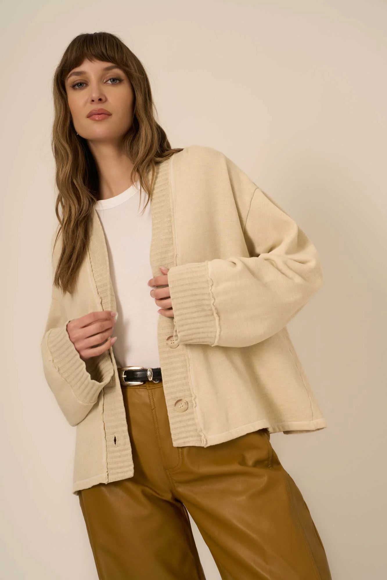 Romy Button Front Cardi in Eggnog