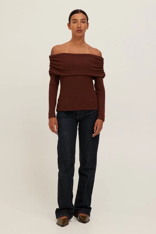 Studio City Off the Shoulder Sweater in Dark Mocha