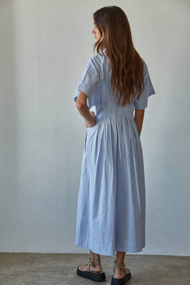 The Pleated Stripe Midi Dress in Cream & Blue