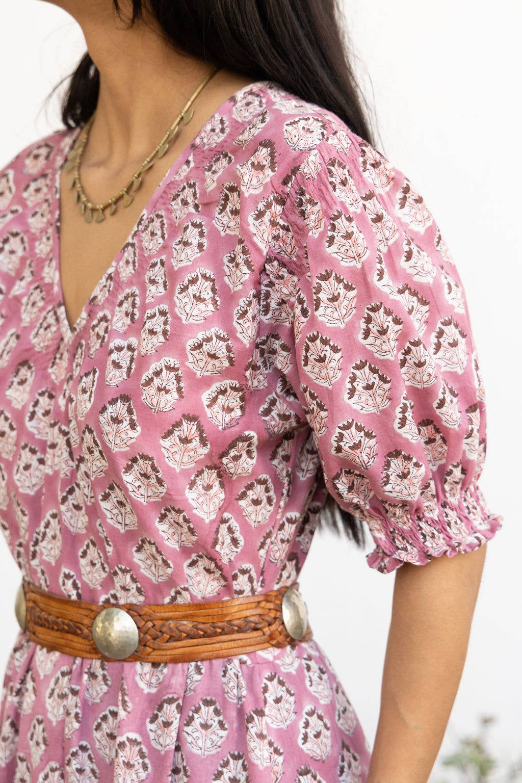 Imara Block Printed Cotton Maxi Dress in Rose