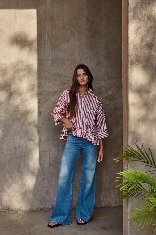 Ruffle Hem Striped Buttondown Shirt in Red