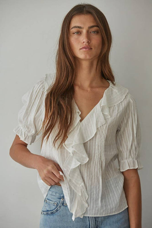 The Ruffle V-Neck Blouse in Off White
