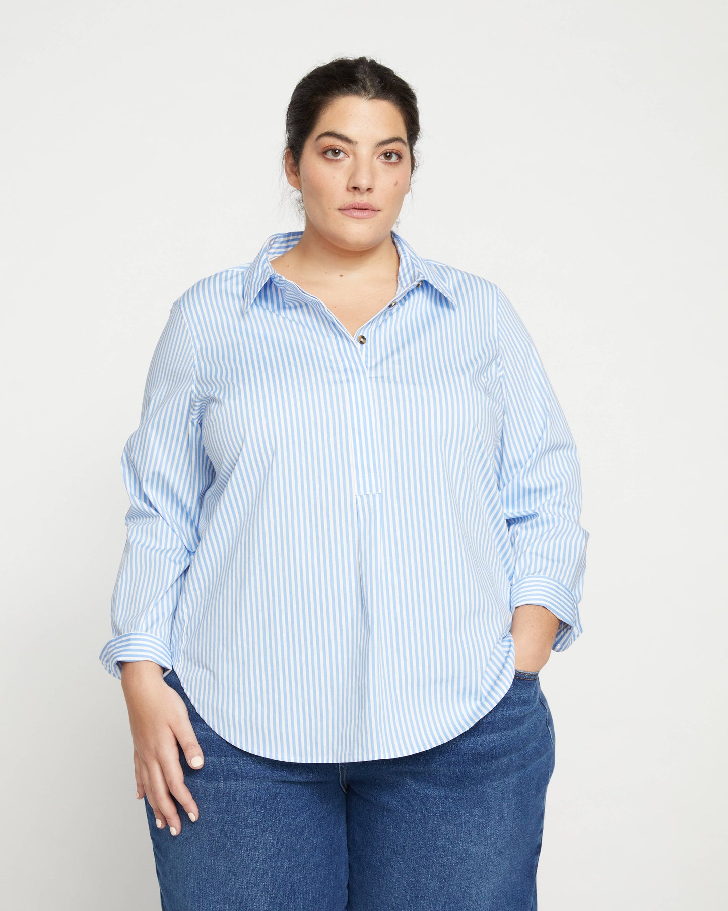 Elbe Popover Stretch Poplin Shirt Classic Fit in Blue/White Stripe