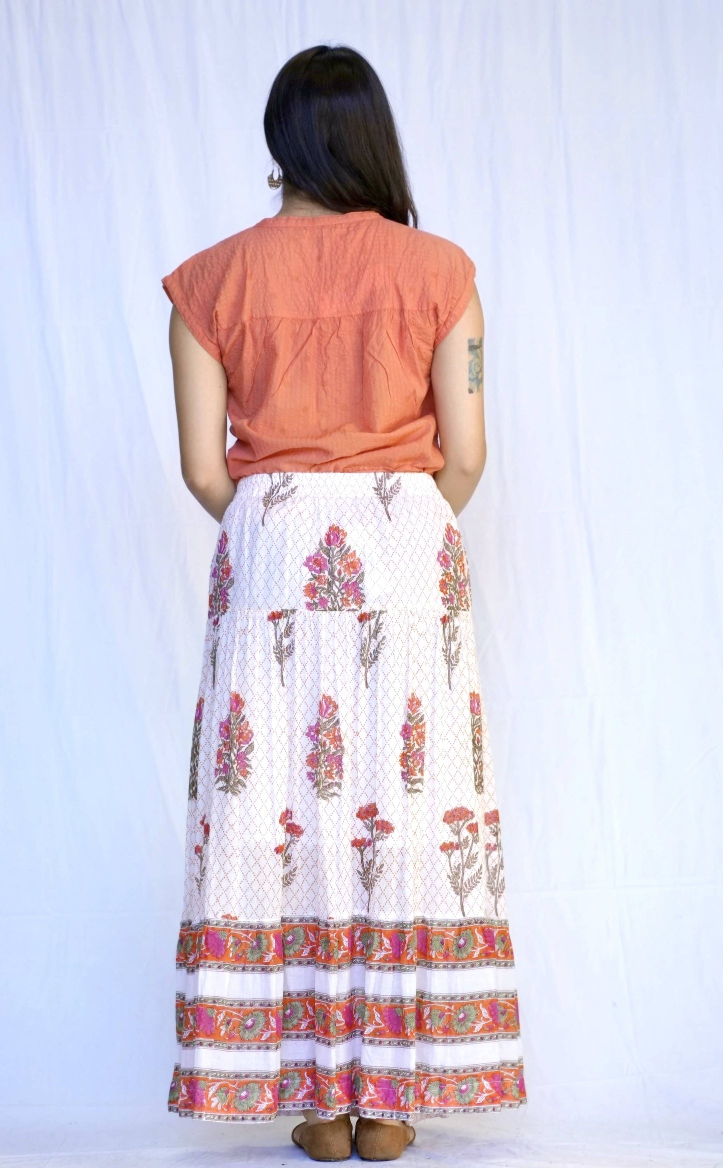 Cotton Tiered Maxi Skirt-Orange Multi