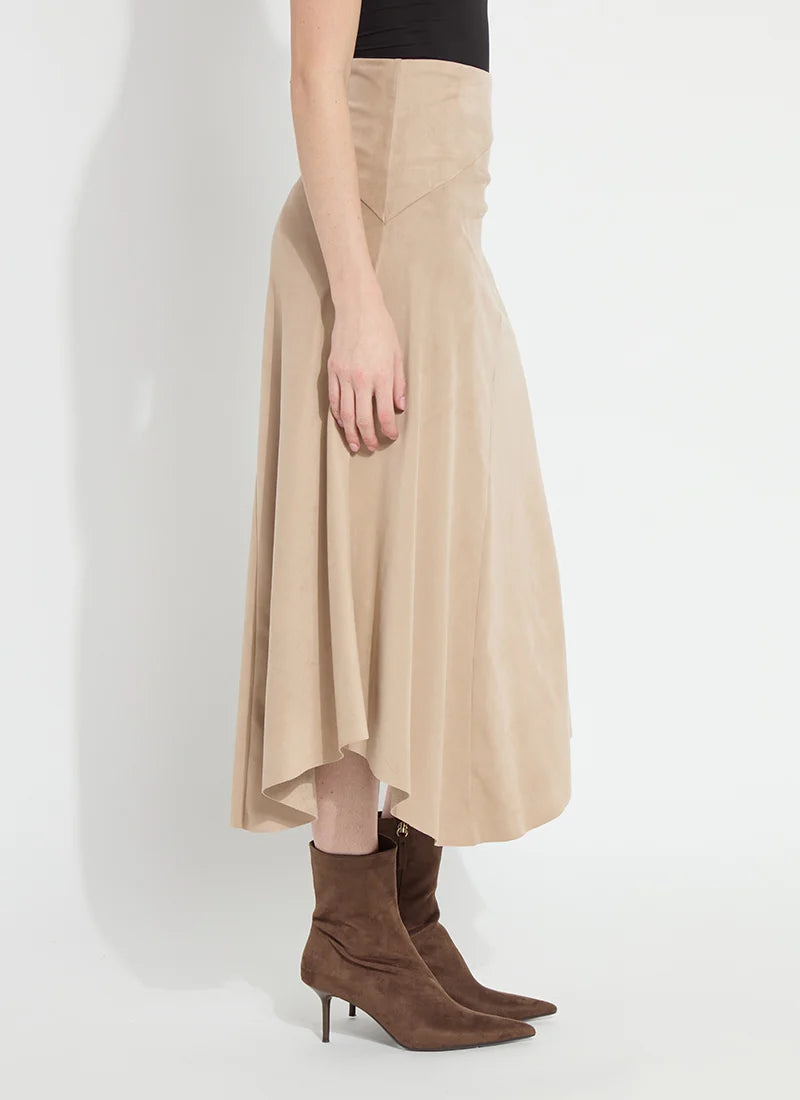 Azalea Asymmetric Hem Vegan Suede Skirt in Salted Caramel
