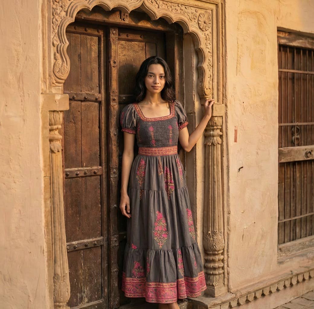 Paloma Block Printed Smocked Maxi Dress in Bougainvillea