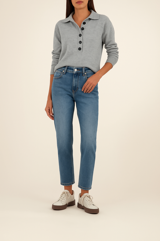 Lilia Button Front Long Sleeve Sweater (Heather Grey)