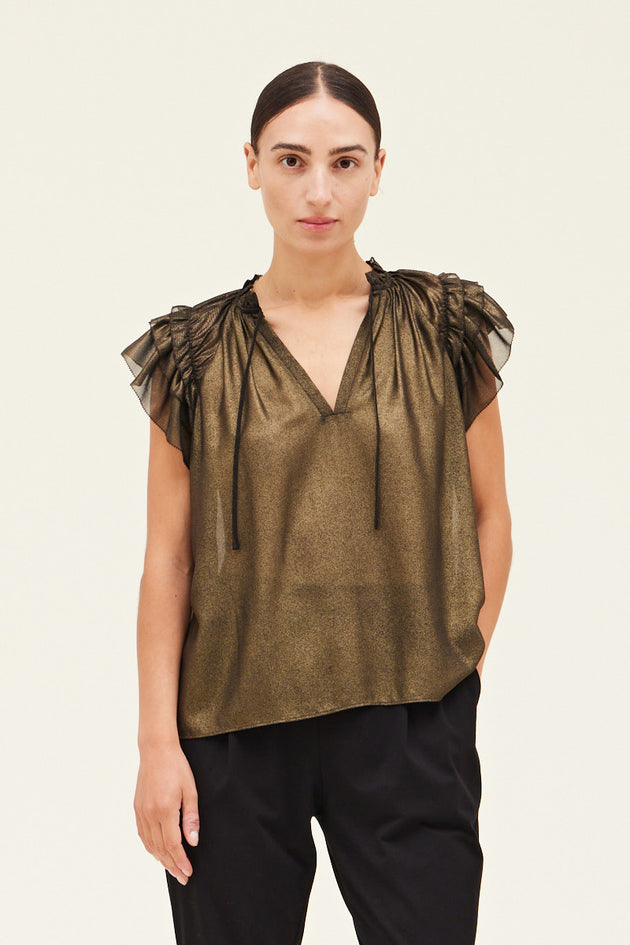 Ruffle Sleeve Blouse in Gold Black