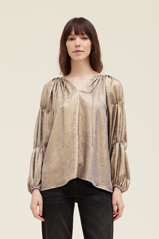 Sleeve Detail Shine Blouse in Gold Cloud