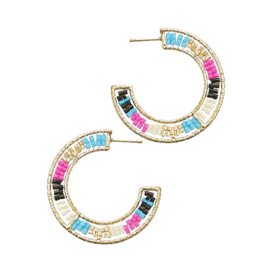 Black/Pink Beaded Hoop Earrings