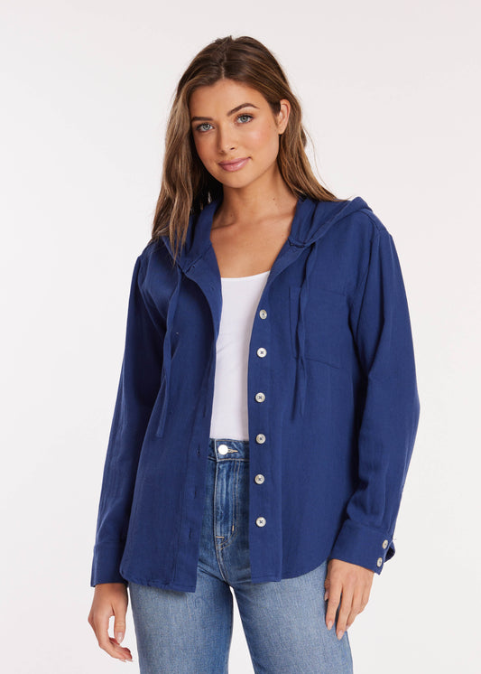 Roll Sleeve Hooded Shacket in Ocean