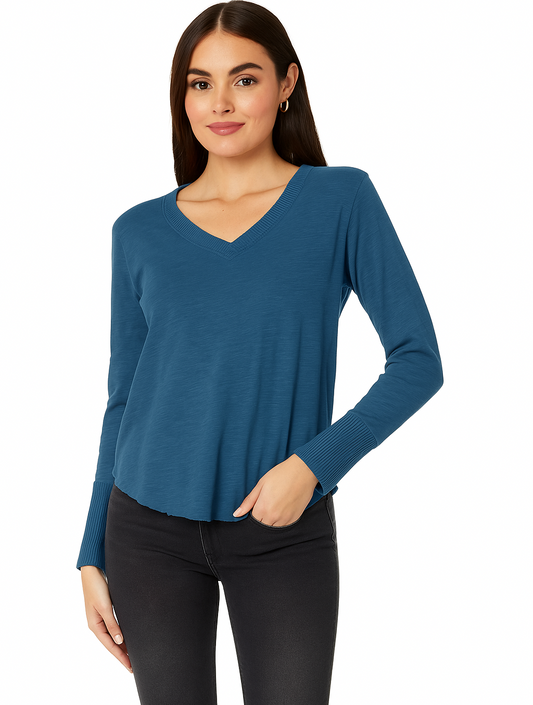 Long Sleeve Waffle Mix V-Neck Top in Fanta Sea