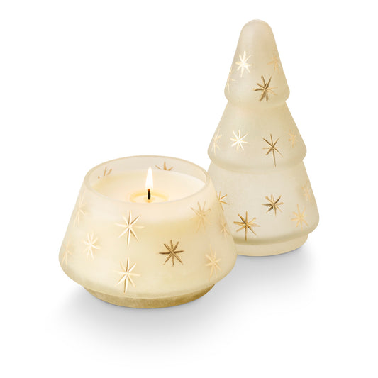 Winter White Frosted Star Glass Tree Candle