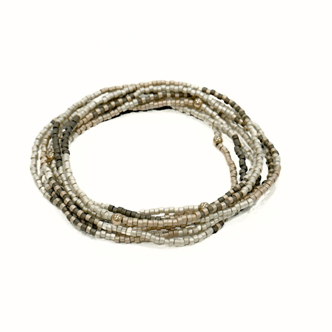 Maui in Steel Blue & Champagne 7 Stack Beaded Bracelet: Steel Blue, Cotton & Champagne