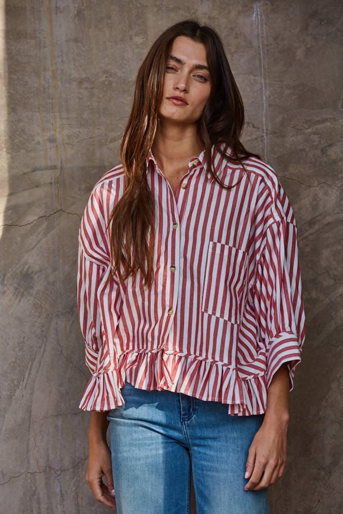 Ruffle Hem Striped Buttondown Shirt in Red
