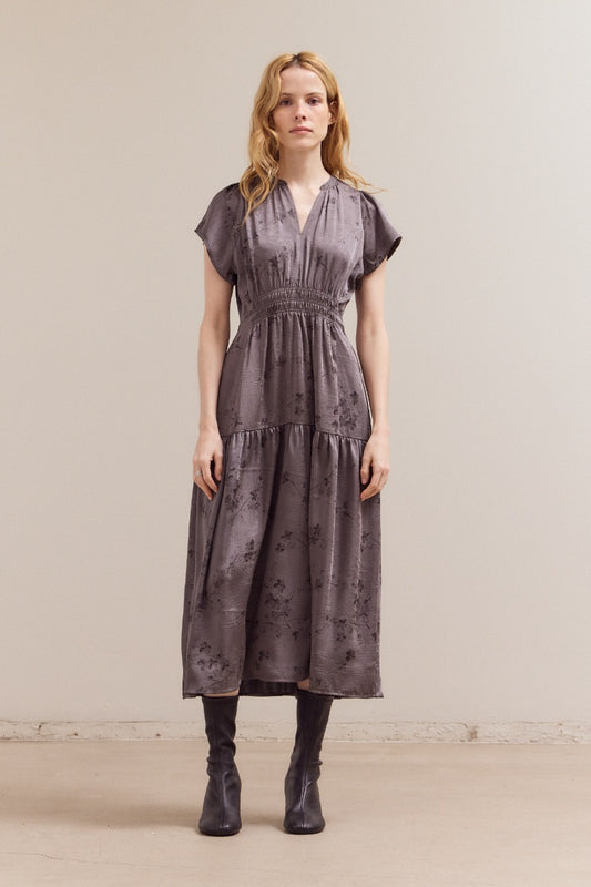 Printed Ruffle Midi Dress in Steel