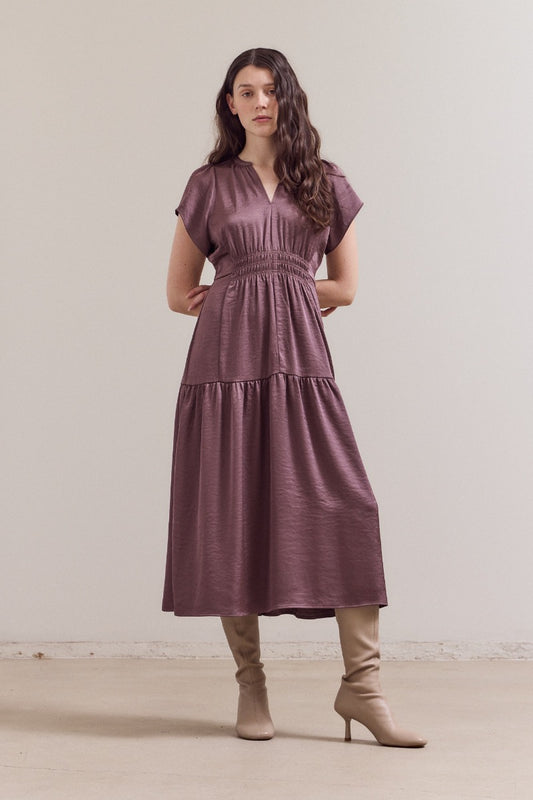 Ruffle Matte Satin Midi Dress in Aubergine