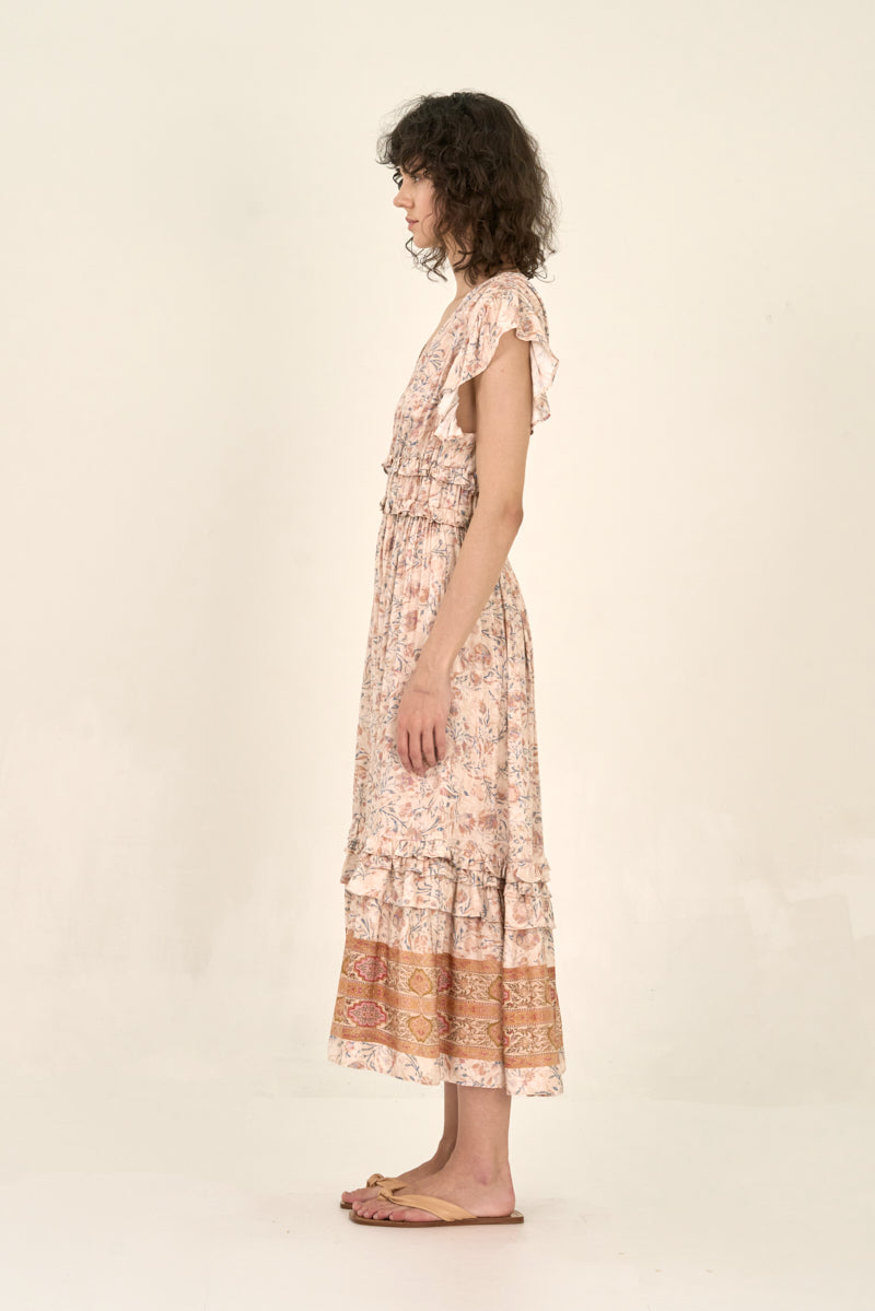 Ruffled Satin V-Neck Print Dress in Azalea