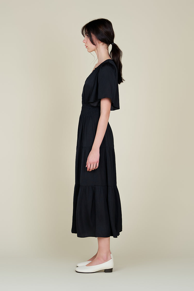 Pleated Satin Maxi Dress in Black