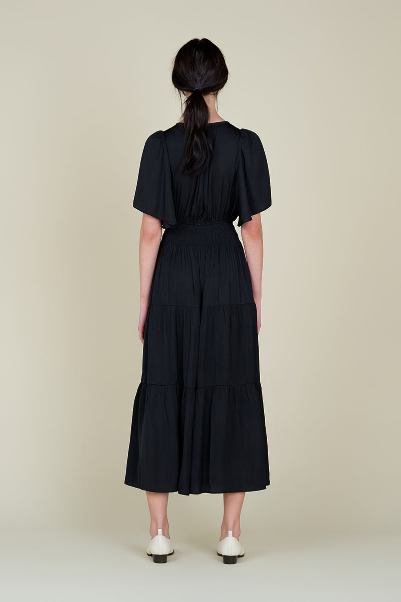 Pleated Satin Maxi Dress in Black