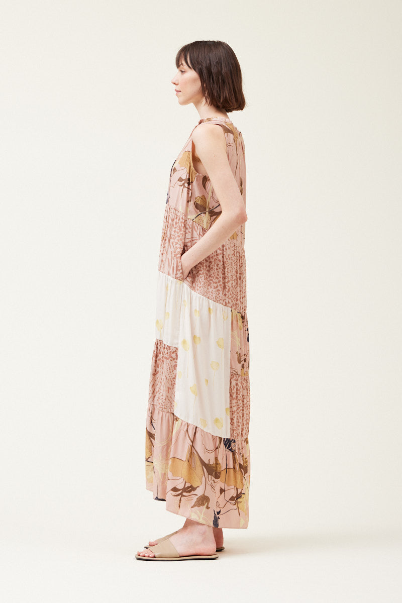 Tiered Print Mixed Maxi Dress in Pink Smoke