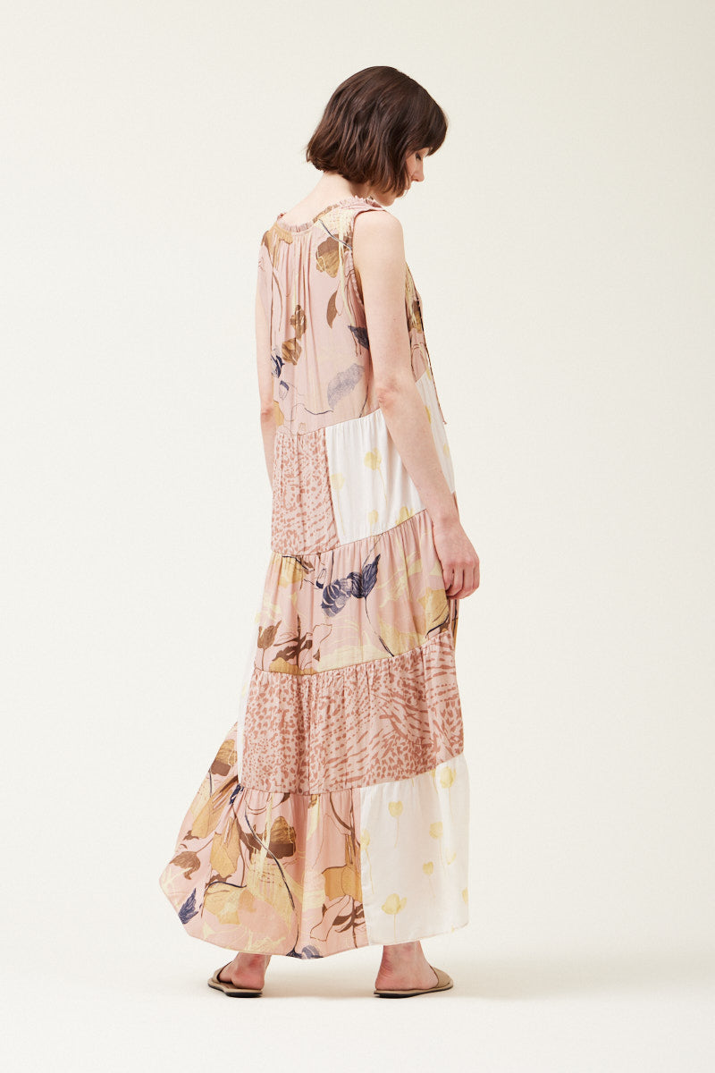 Tiered Print Mixed Maxi Dress in Pink Smoke