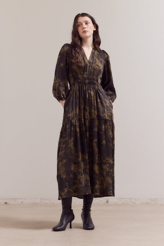 Printed Midi Dress with 3/4 Sleeves in Tapenade
