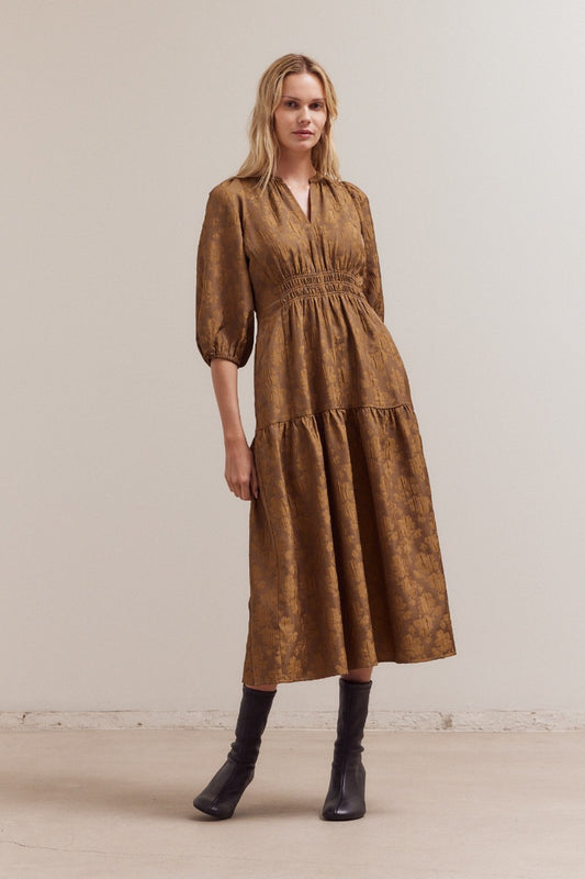 Floral Jacquard Midi Dress in Cacao