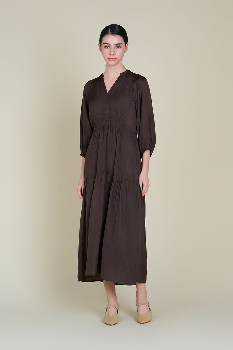 3/4 Sleeve Satin Midi Dress in Dark Roast