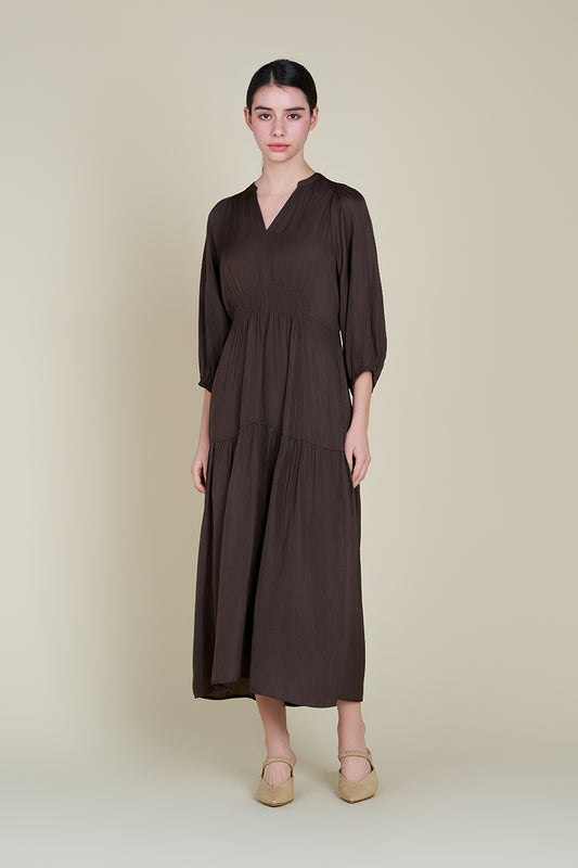 3/4 Sleeve Satin Midi Dress in Dark Roast