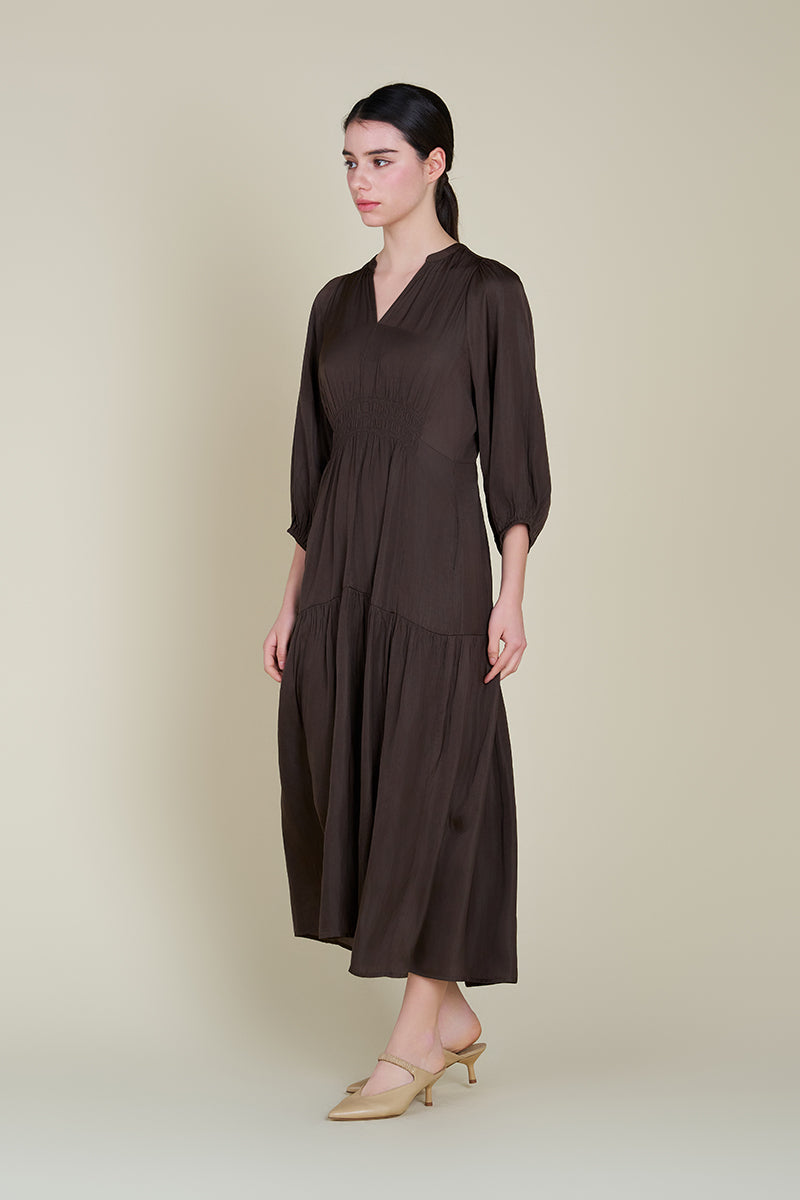 3/4 Sleeve Satin Midi Dress in Dark Roast