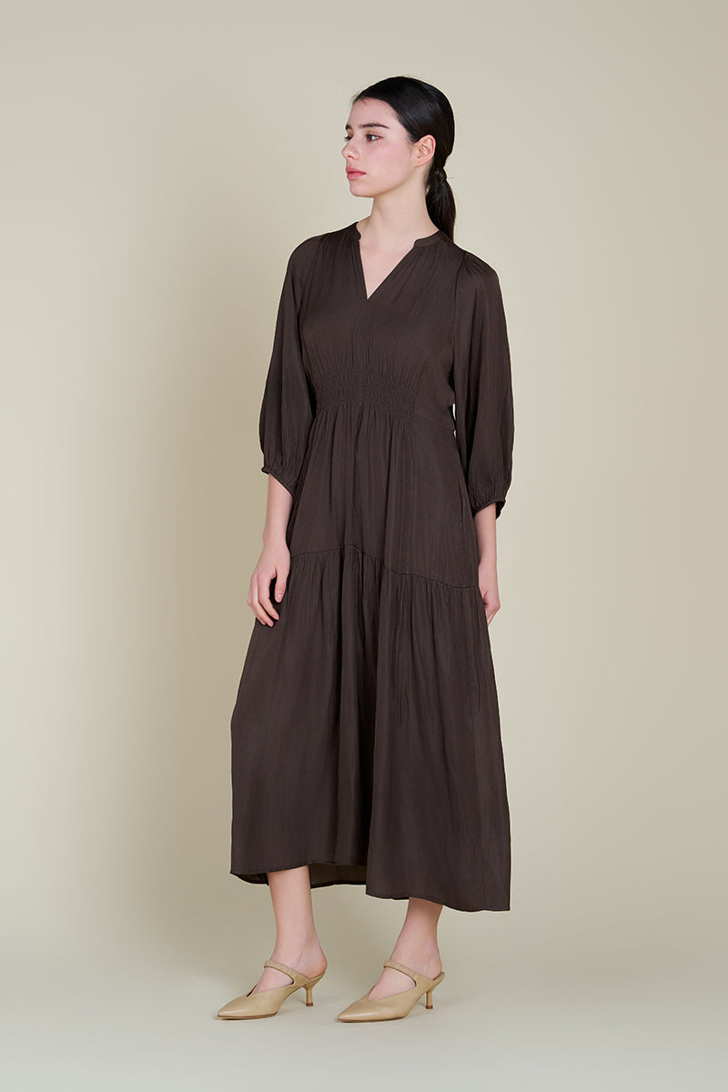 3/4 Sleeve Satin Midi Dress in Dark Roast
