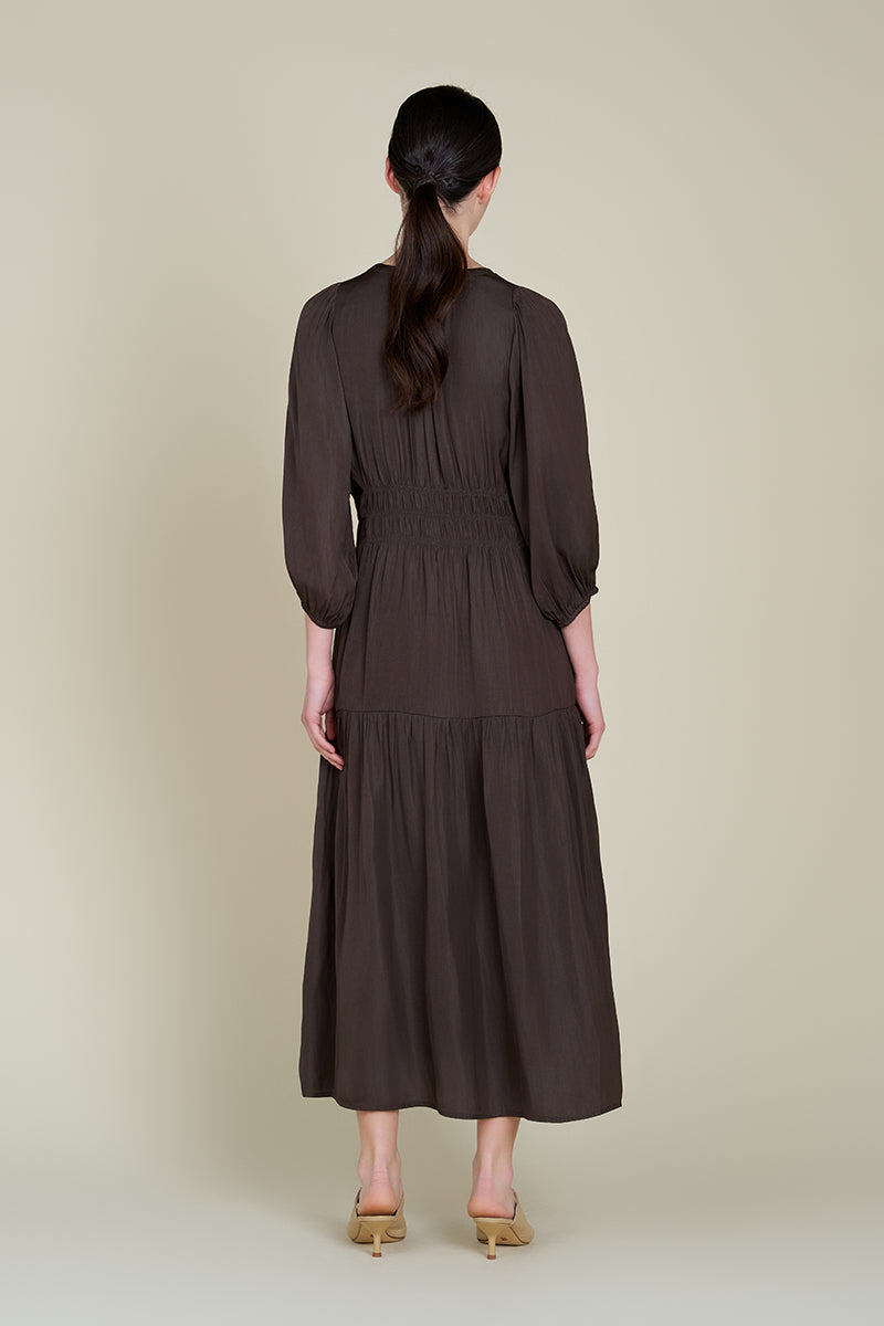 3/4 Sleeve Satin Midi Dress in Dark Roast