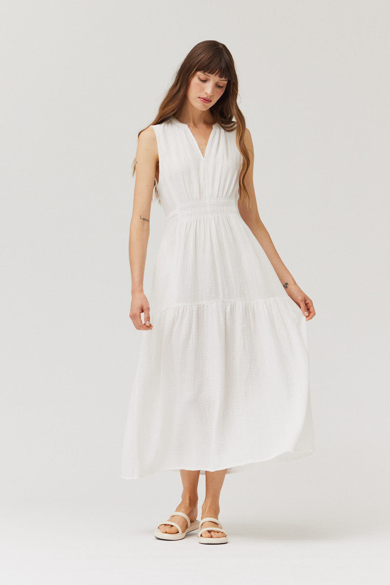 Solid Gauze Midi Dress in Off White