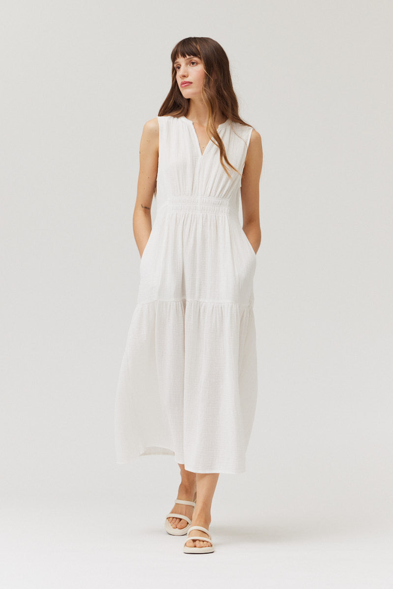 Solid Gauze Midi Dress in Off White