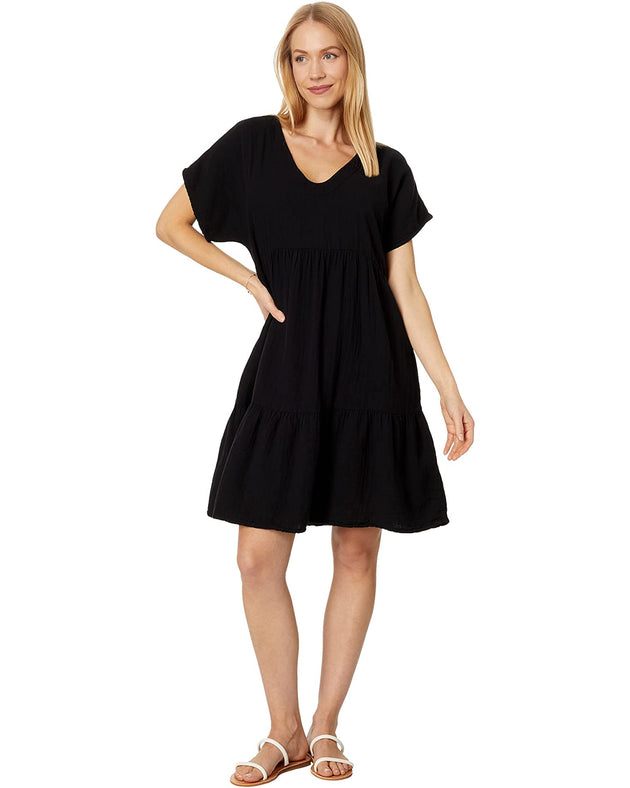 Short Sleeve V Neck Tiered Dress in Black